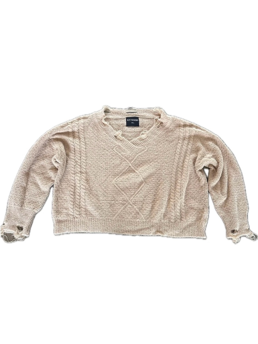 Kittenish Cream Distressed Cable Scoop Sweater